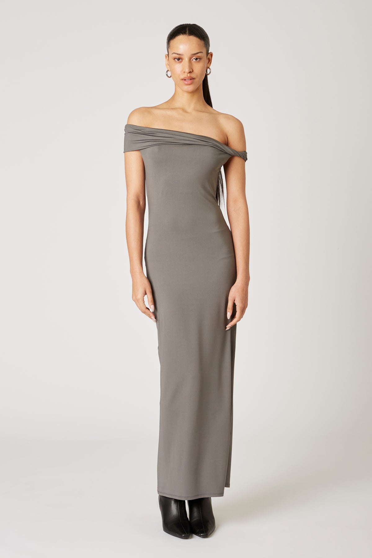 gray off the shoulder maxi dress Clara Dress – NIA