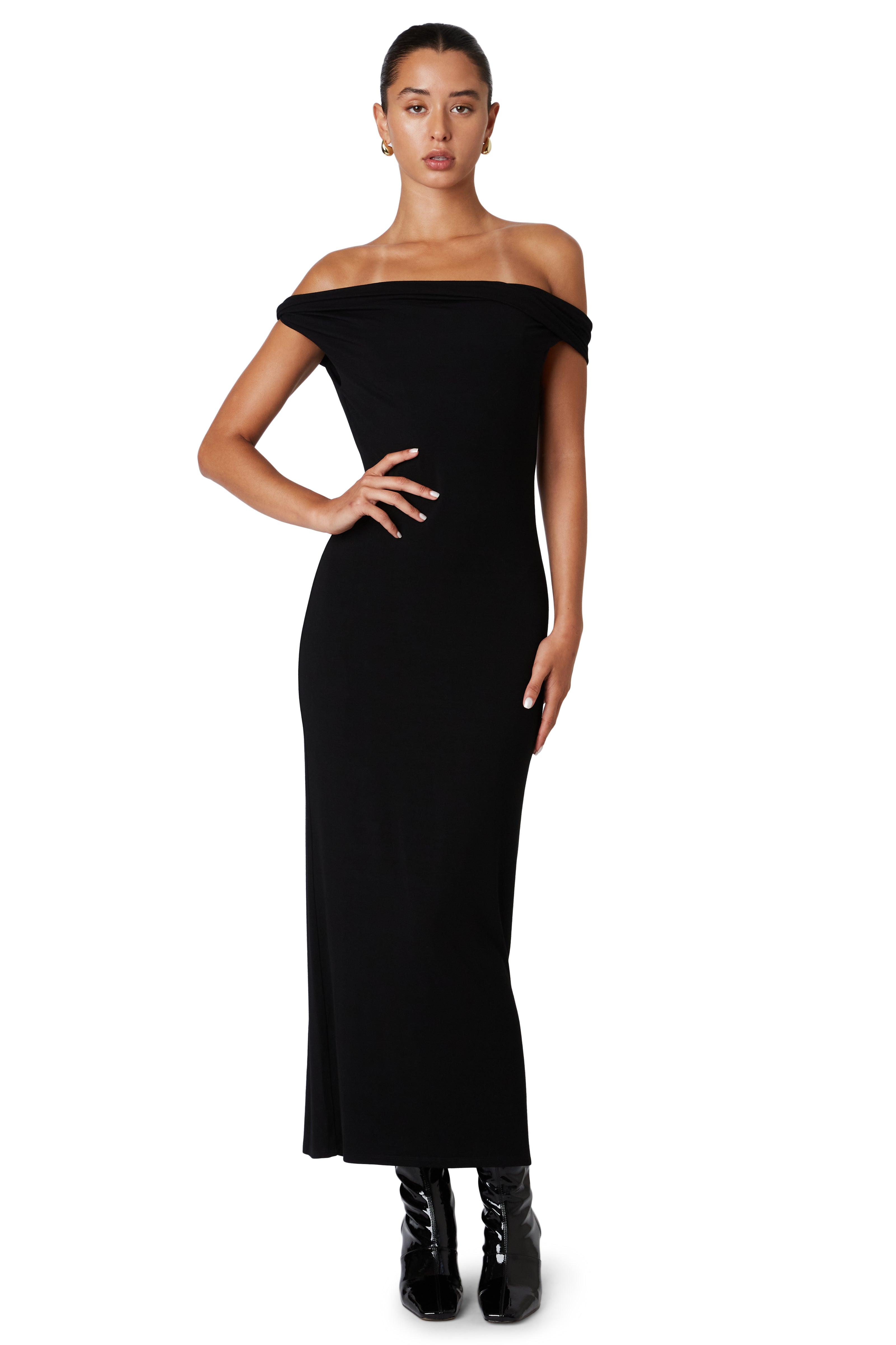 Black off shoulder maxi dress front
