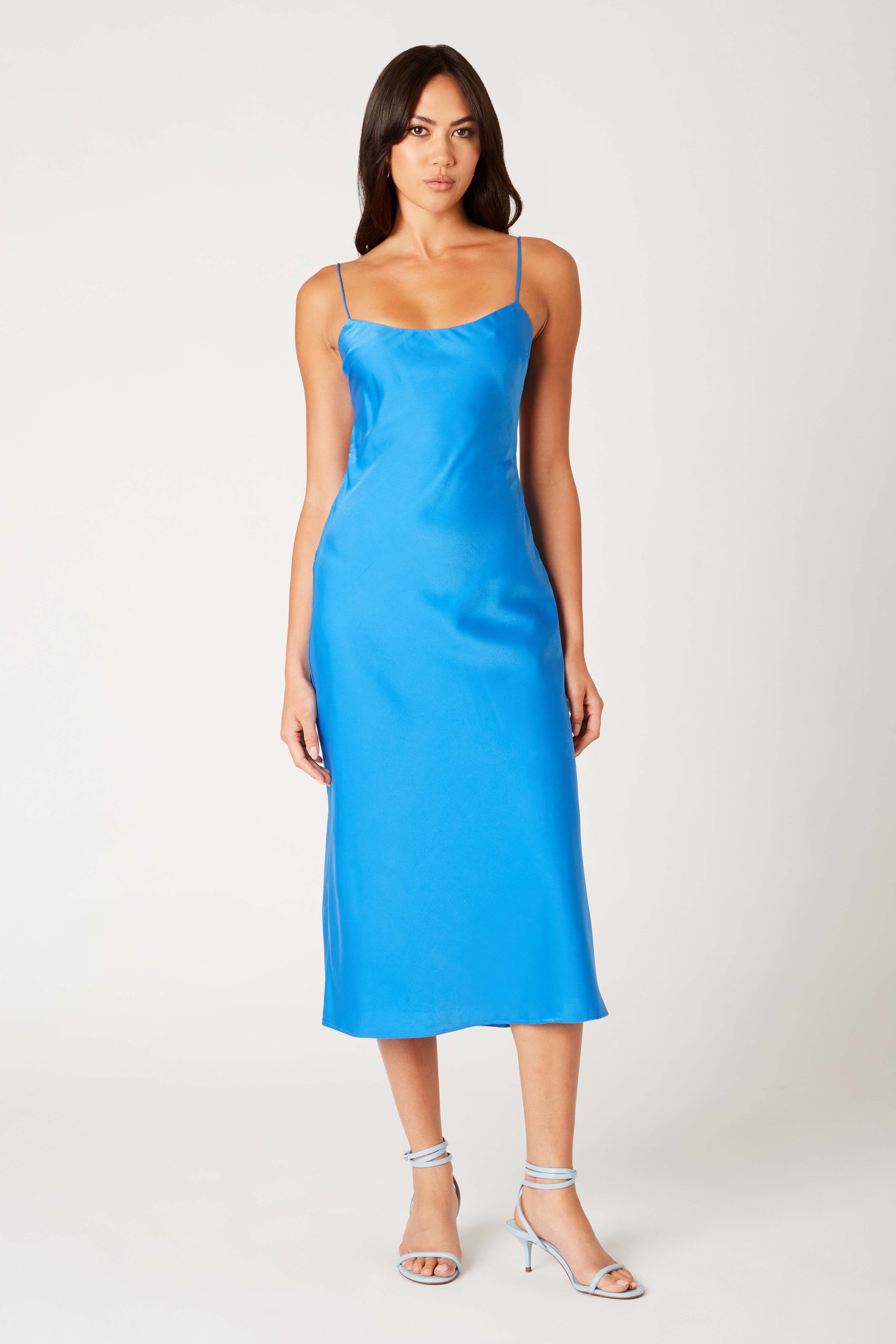 Rumble Dress in lapis front view