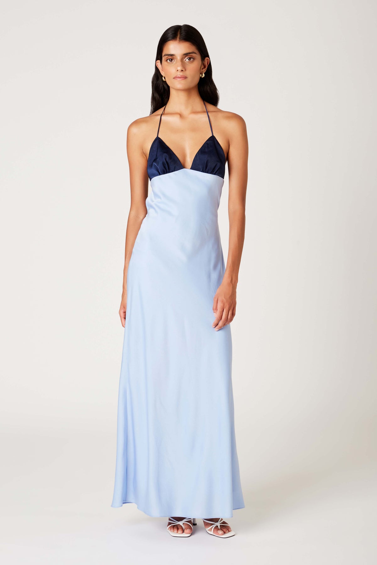 light blue and navy dress Wolfe – NIA fabric dress is the Addams Style Charming V Neck Sleeveless SIZE:XL/XXL
