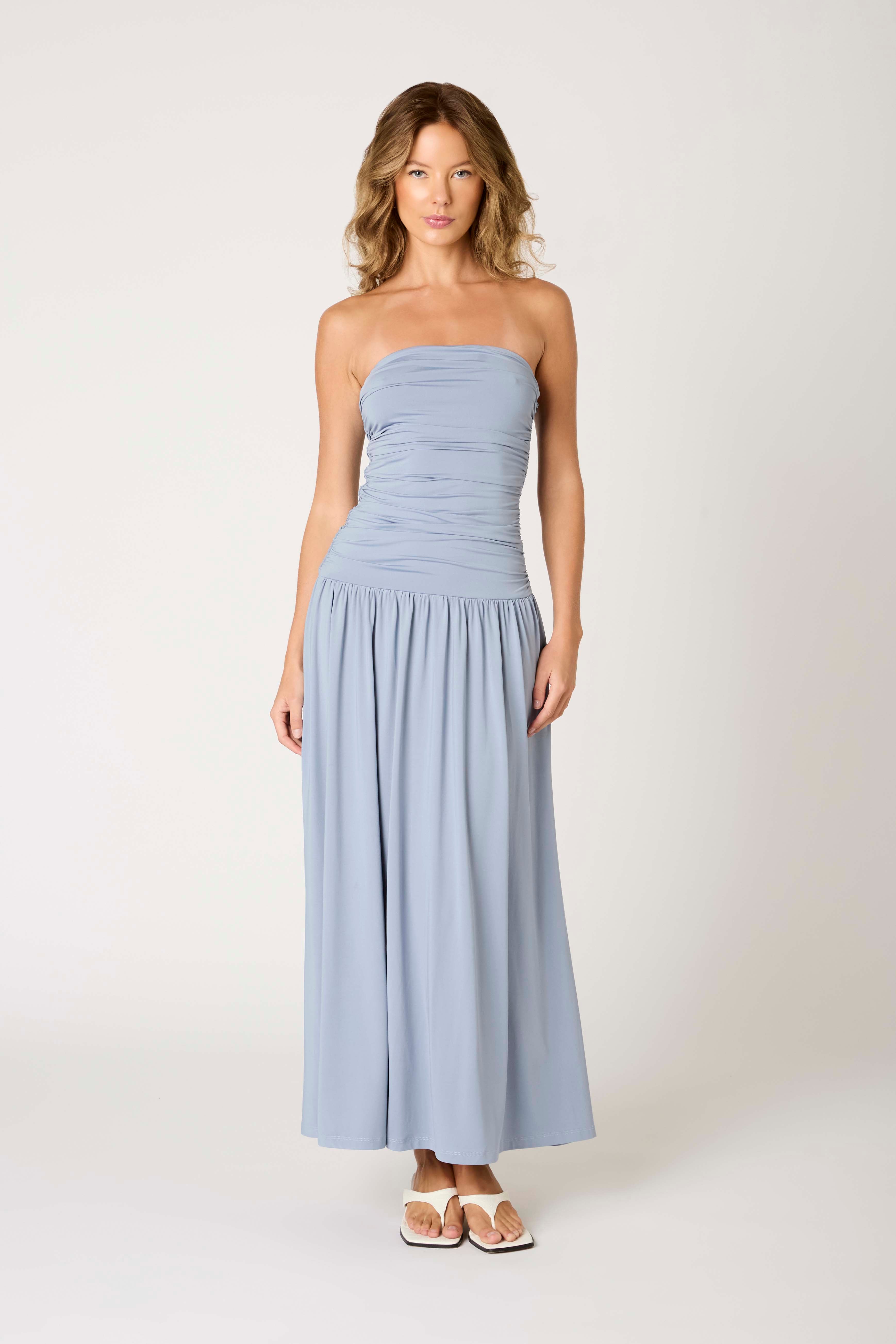 Santal Dress in slate blue front view