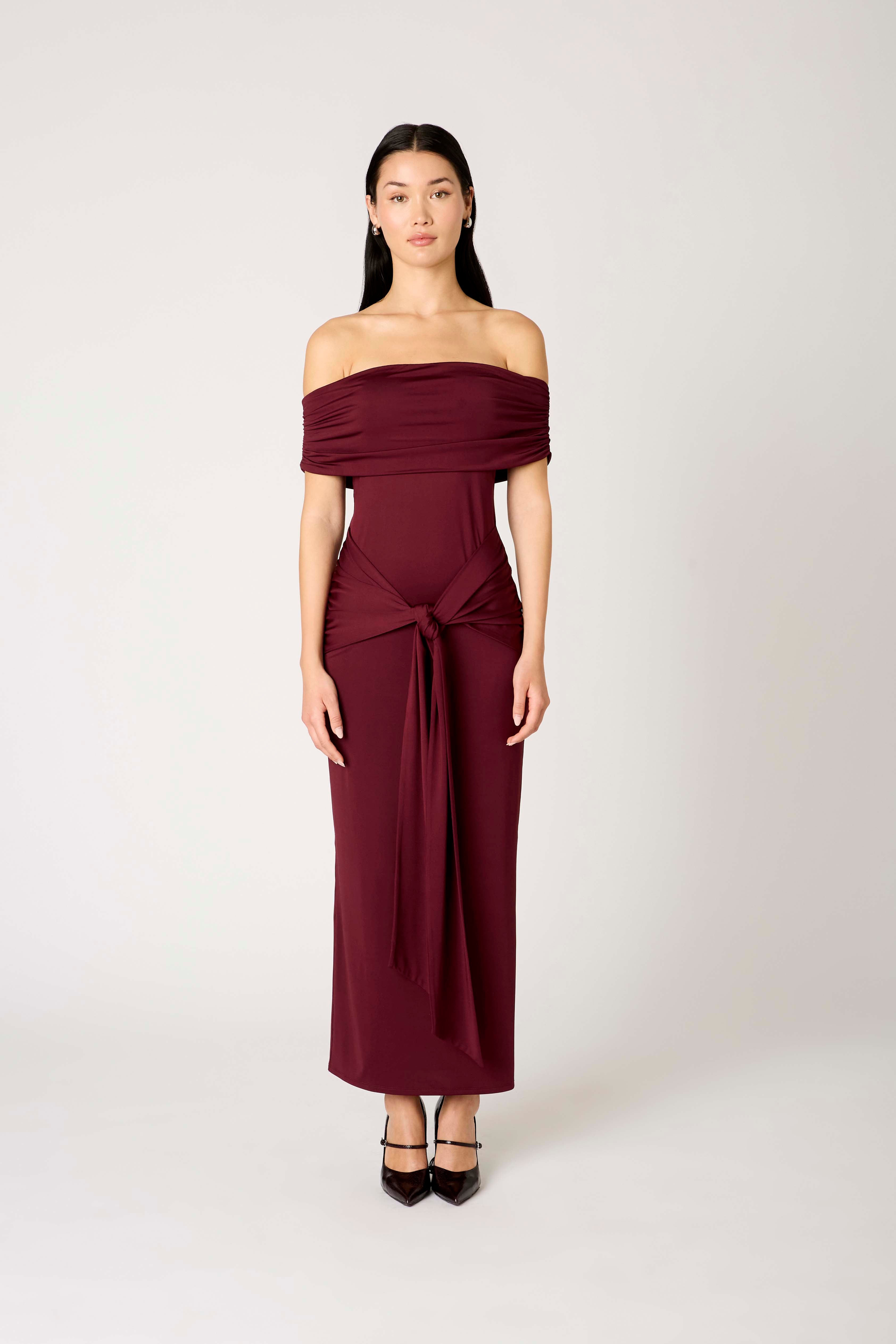 Calista Dress in chianti front view