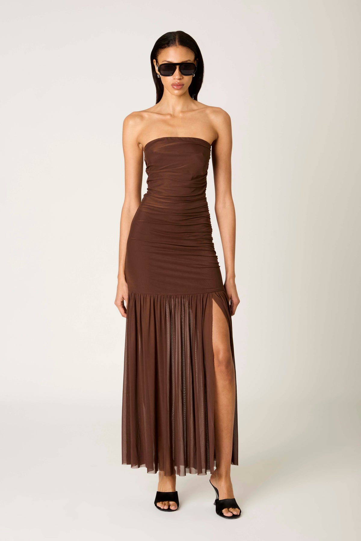 strapless ruched modal cashmere blend maxi dress in chestnut brown Nola Dress – NIA