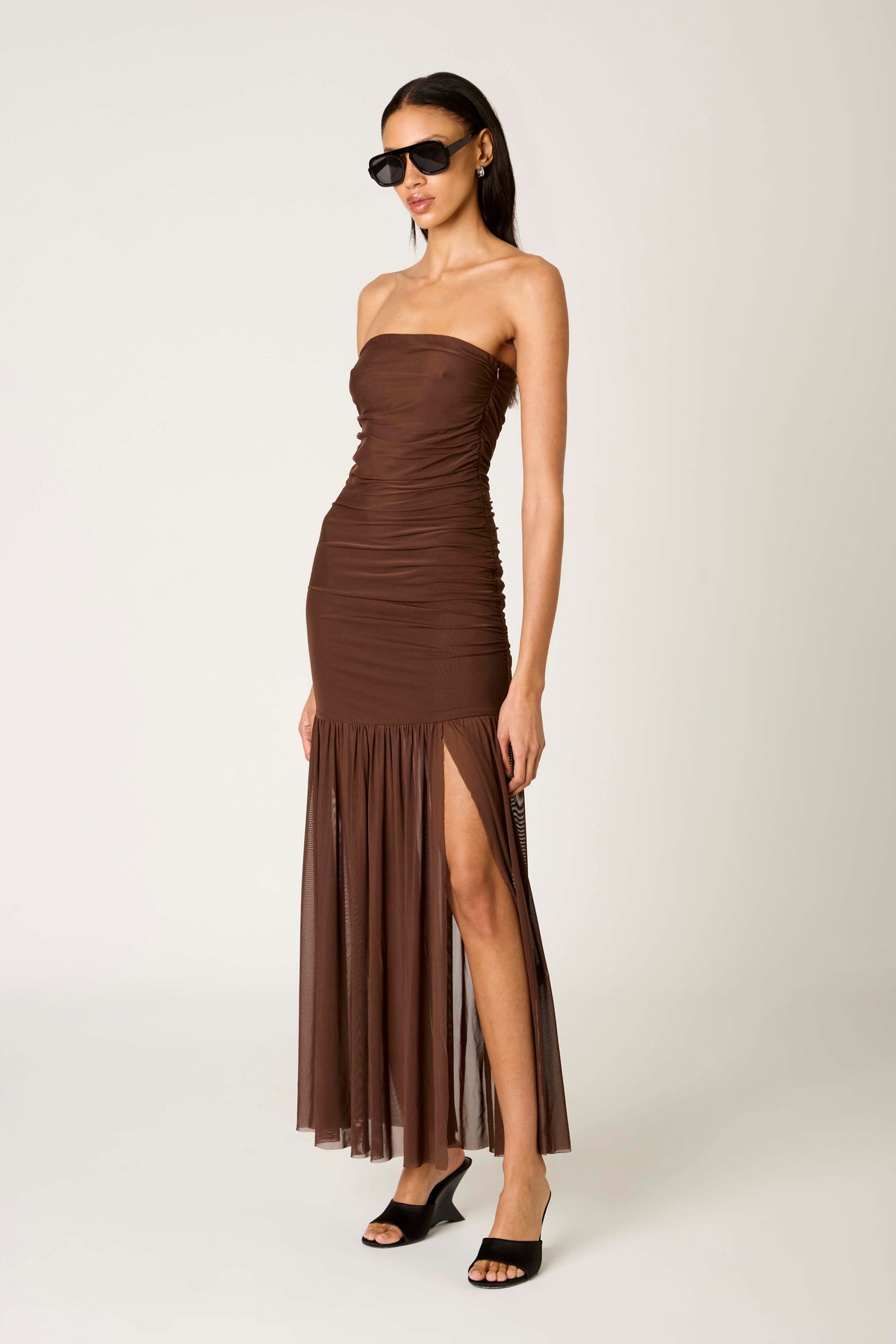 blue dress for baby girl Navina Scarf-Detail Halterneck Gown in Chocolate Brown