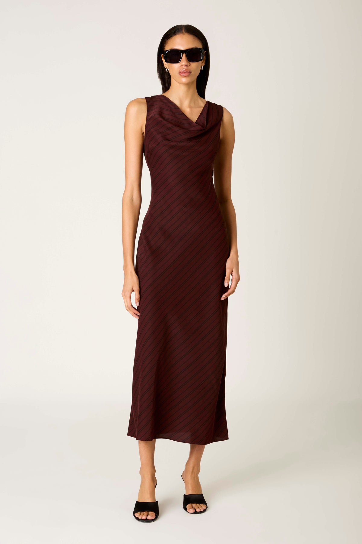 oxblood formal dress LaDivine BD104 Satin A-Line Prom Dress with Cowl Neckline and Thigh-High Slit