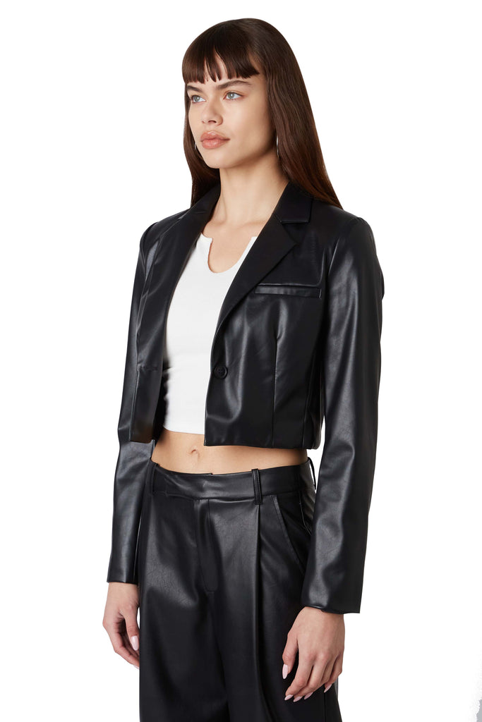 Cropped Vegan Leather Blazer in black side view
