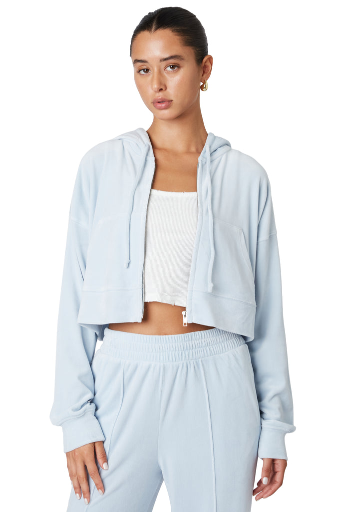 Chambray velour cropped jacket front