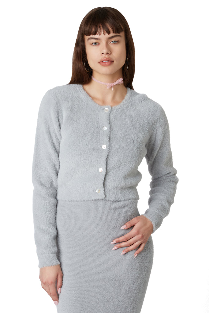 Amal Cardigan in Silver front view 2