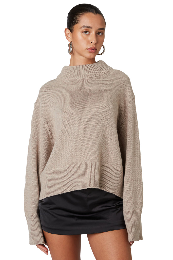 Taupe funnel neck sweater front