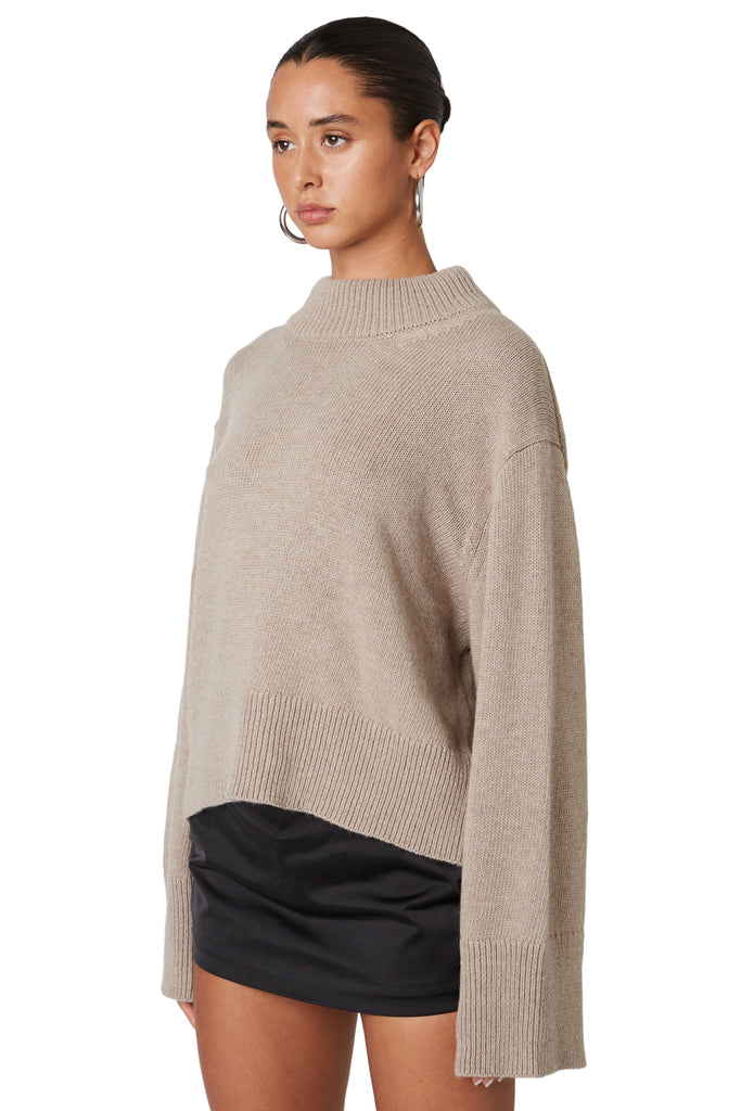 Taupe funnel neck sweater side