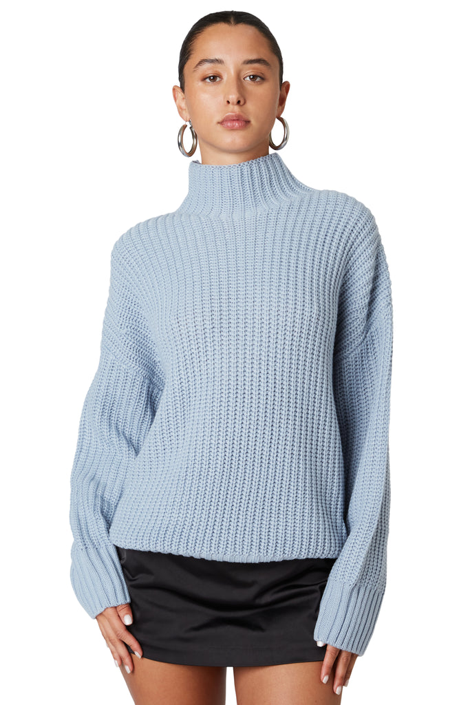 Blue funnel neck sweater front