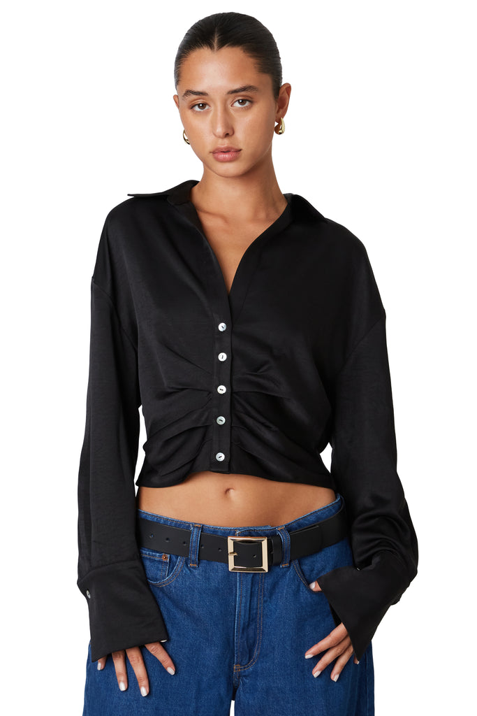 black satin collared shirt front