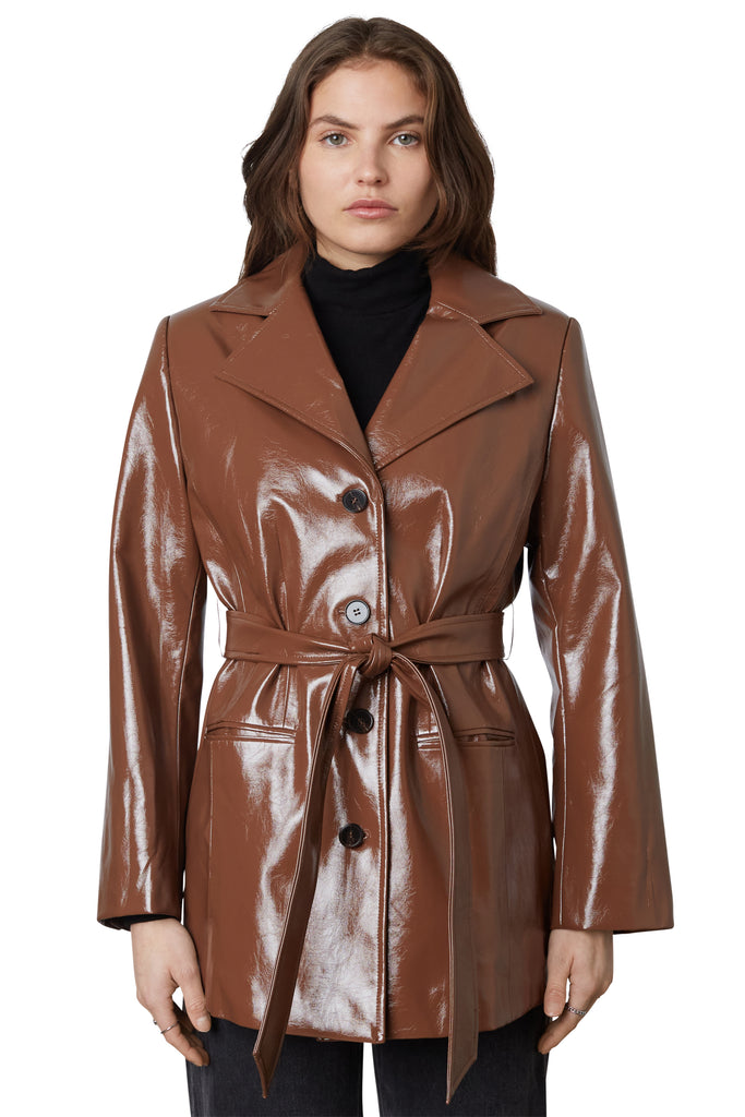 emilio patent trench in milk chocolate front view 2