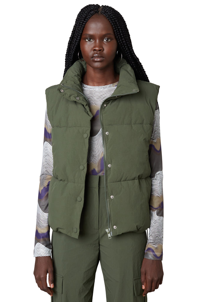 nylon puffer vest in olive front view 2