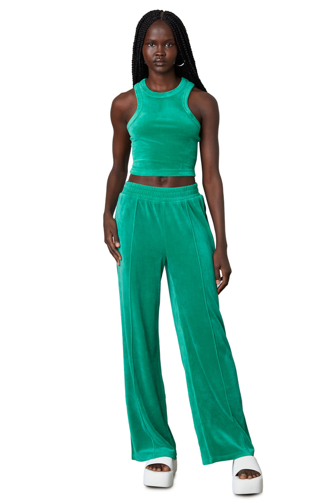 Velour Wide Leg Pant in ming green front view 1