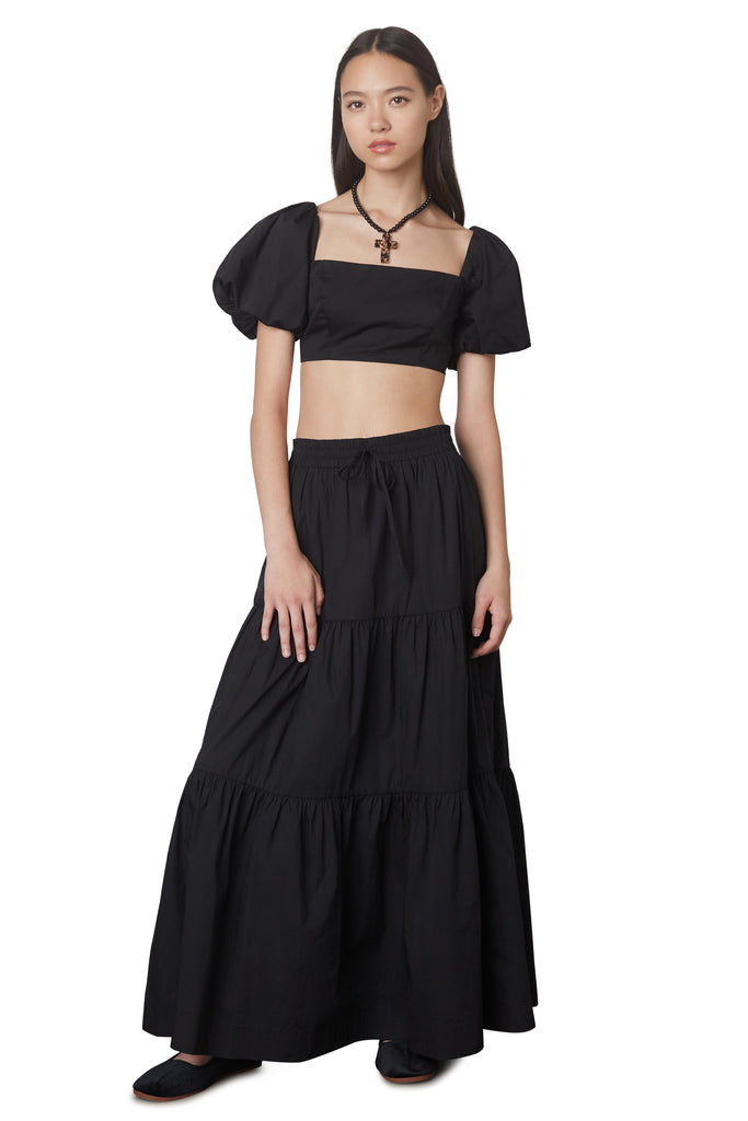 Cora Skirt in black: Peasant style maxi skirt with elastic waist and drawstrings. Fully lined. front view 3