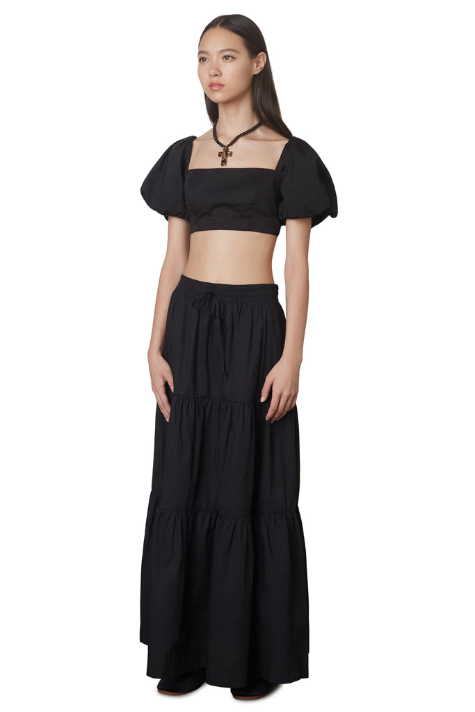 Cora Skirt in black: Peasant style maxi skirt with elastic waist and drawstrings. Fully lined. side view