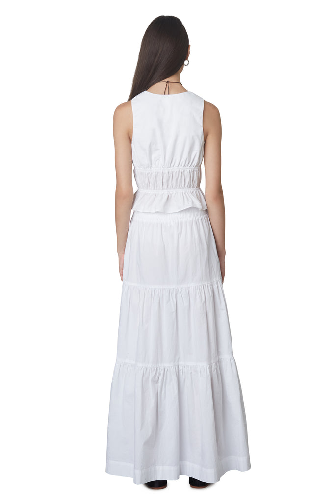 Cora Skirt in white: Peasant style maxi skirt with elastic waist and drawstrings. Fully lined. back view