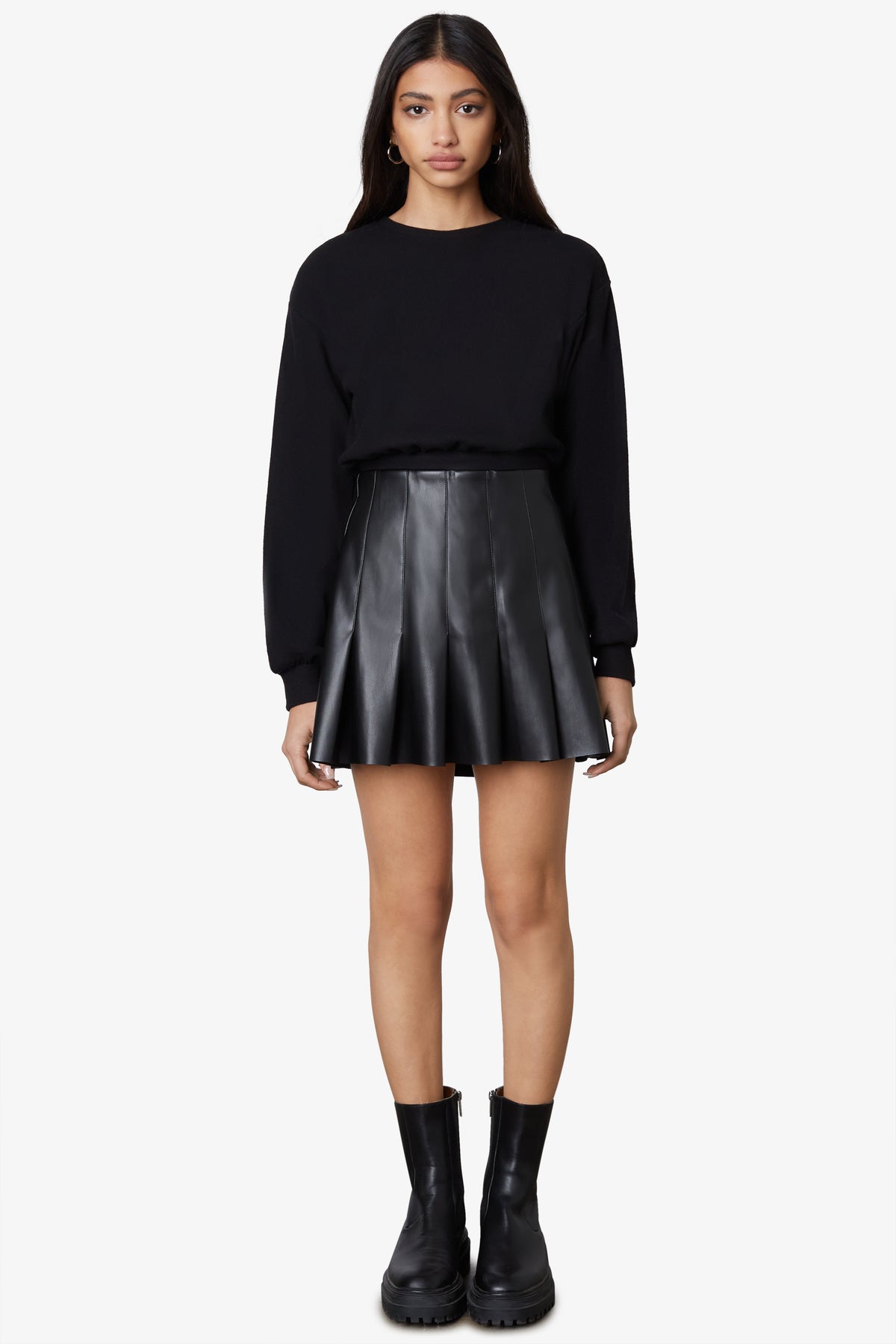 Vegan Leather Smocked Skater Skirt - Black