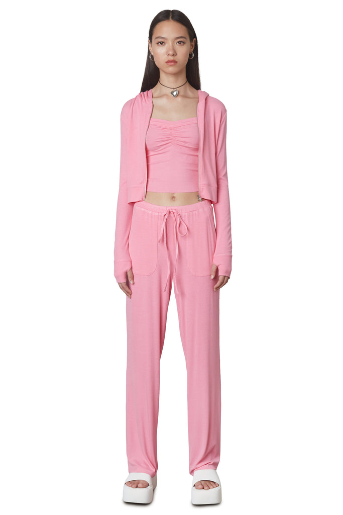 West Lounge Pant in Bubble Gum: Mid-rise straight leg lounge pant with elastic waistband and drawstring. Front view.