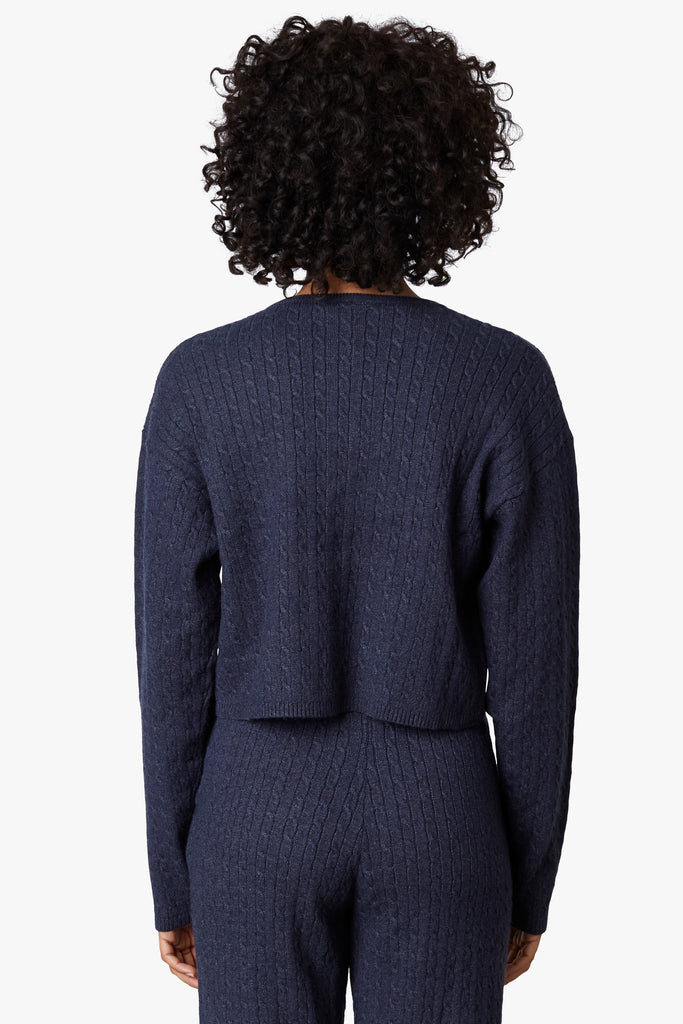 Cable Knit Twin Set in navy, back view