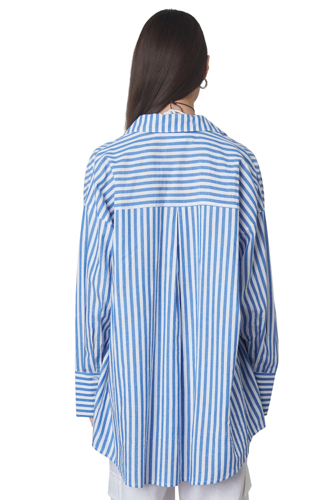 Tony Oversized Shirt in Cobalt: Oversized button down striped linen shirt with a hidden placket. Back view.