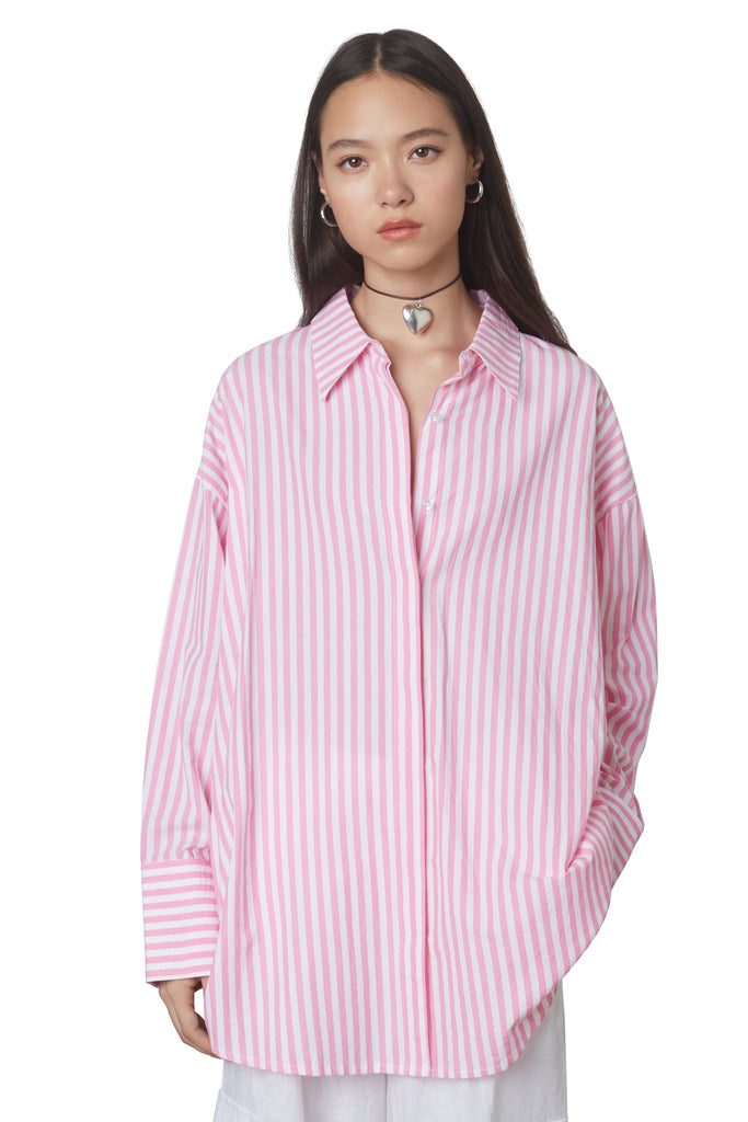 Tony Oversized Shirt in PINK: Oversized button down striped linen shirt with a hidden placket. Front view. 3