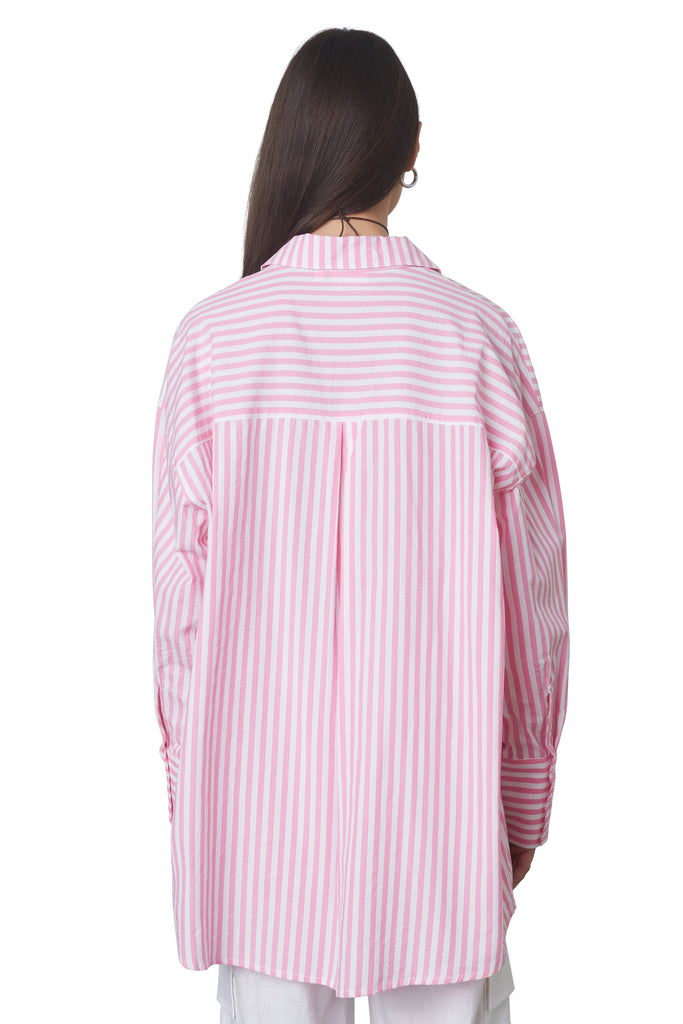 Tony Oversized Shirt in PINK: Oversized button down striped linen shirt with a hidden placket. Back view.