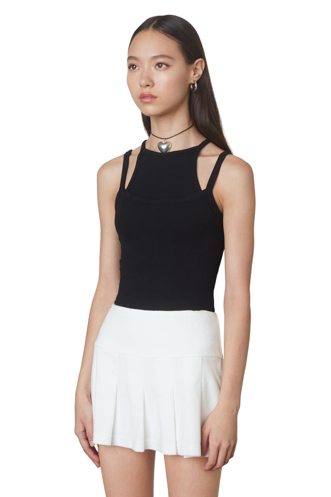 Soft ribbed double layered black tank top side view