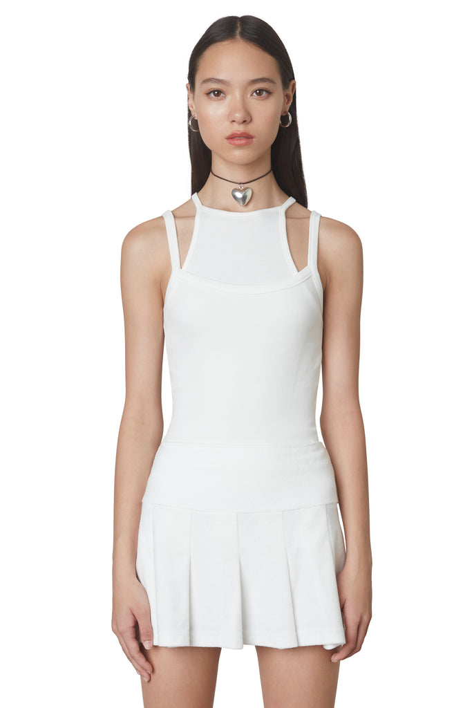 Soft ribbed double layered white tank top front view