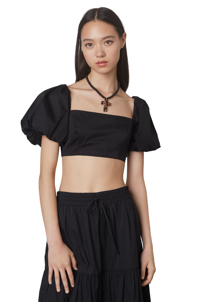 julianne top in black: Puff sleeve fitted crop top with hook and eye closures at back. Fully lined front view 3