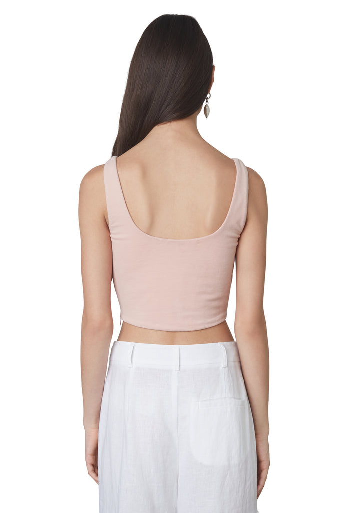 Seamed Corset Tank in Buff: A cotton seamed corset tank top with a zipper closure on its left side. Back viewSeamed Corset Tank in Buff: A cotton seamed corset tank top with a zipper closure on its left side. Back view