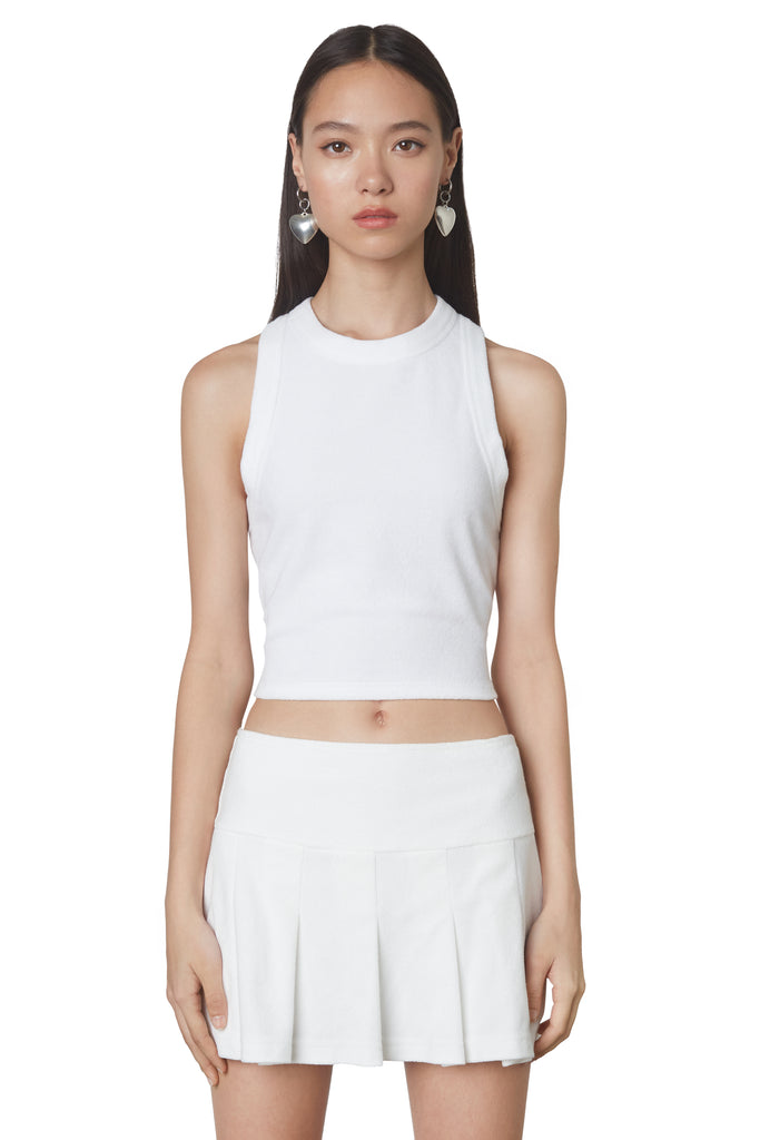 Lucerne Terry Tank in White: Cropped terrycloth racer neck tank top. Front view.