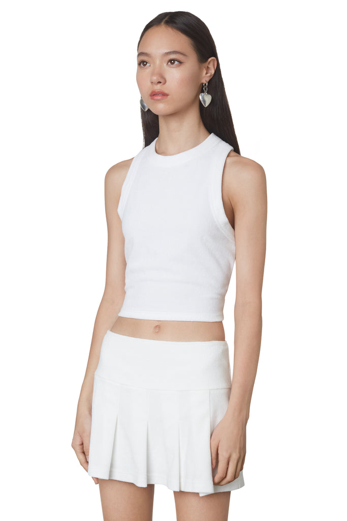 Lucerne Terry Tank in White: Cropped terrycloth racer neck tank top. Side view.