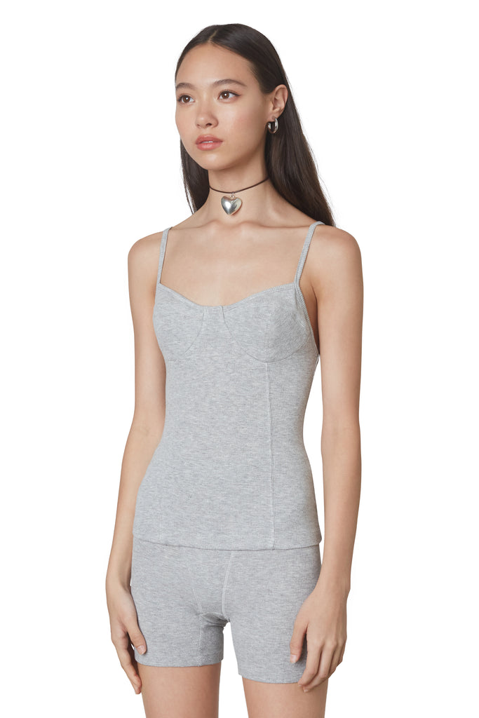 Soft ribbed knit corset style heather grey tank without boning side view