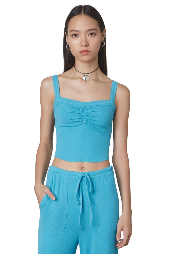 Sweetheart Hacci Tank in Capri: Super soft cropped camisole tank featuring a sweetheart shape neckline and ruching details. Front view 2
