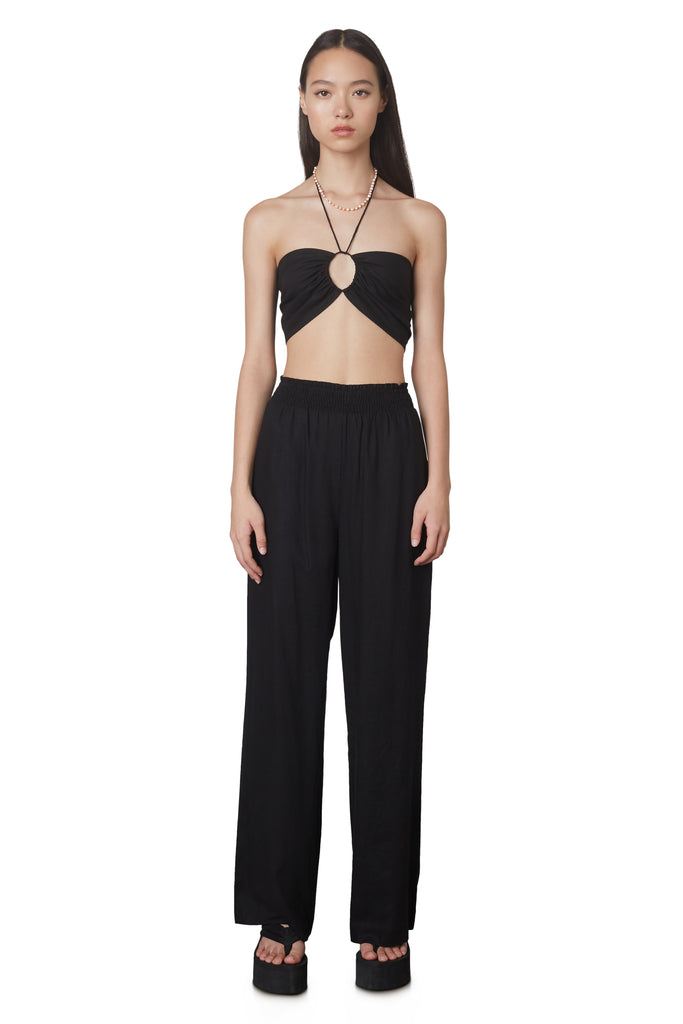 Mallorca set in black: Two-piece linen set includes multi-wear crop top and wide legged pull-on linen pant front view