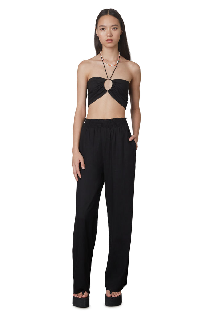 Mallorca set in black: Two-piece linen set includes multi-wear crop top and wide legged pull-on linen pant front view 2