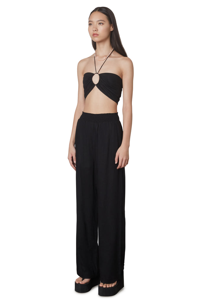 Mallorca set in black: Two-piece linen set includes multi-wear crop top and wide legged pull-on linen pant sie view