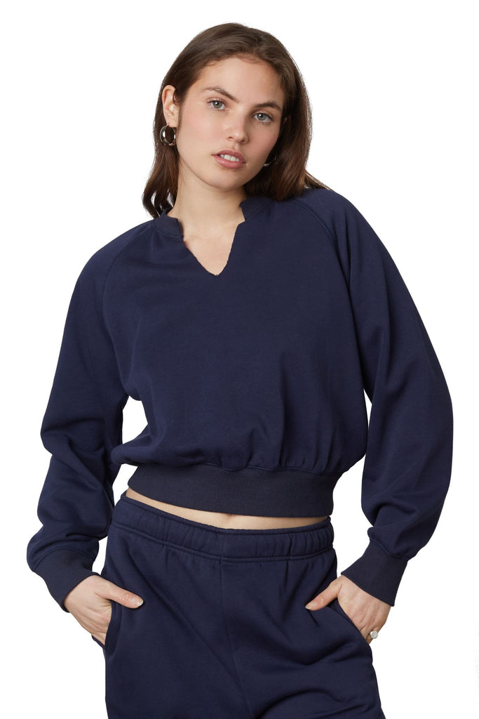 Cropped Notched Sweatshirt in Navy front 