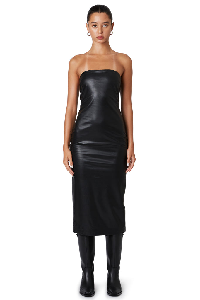 Black strapless leather midi dress front