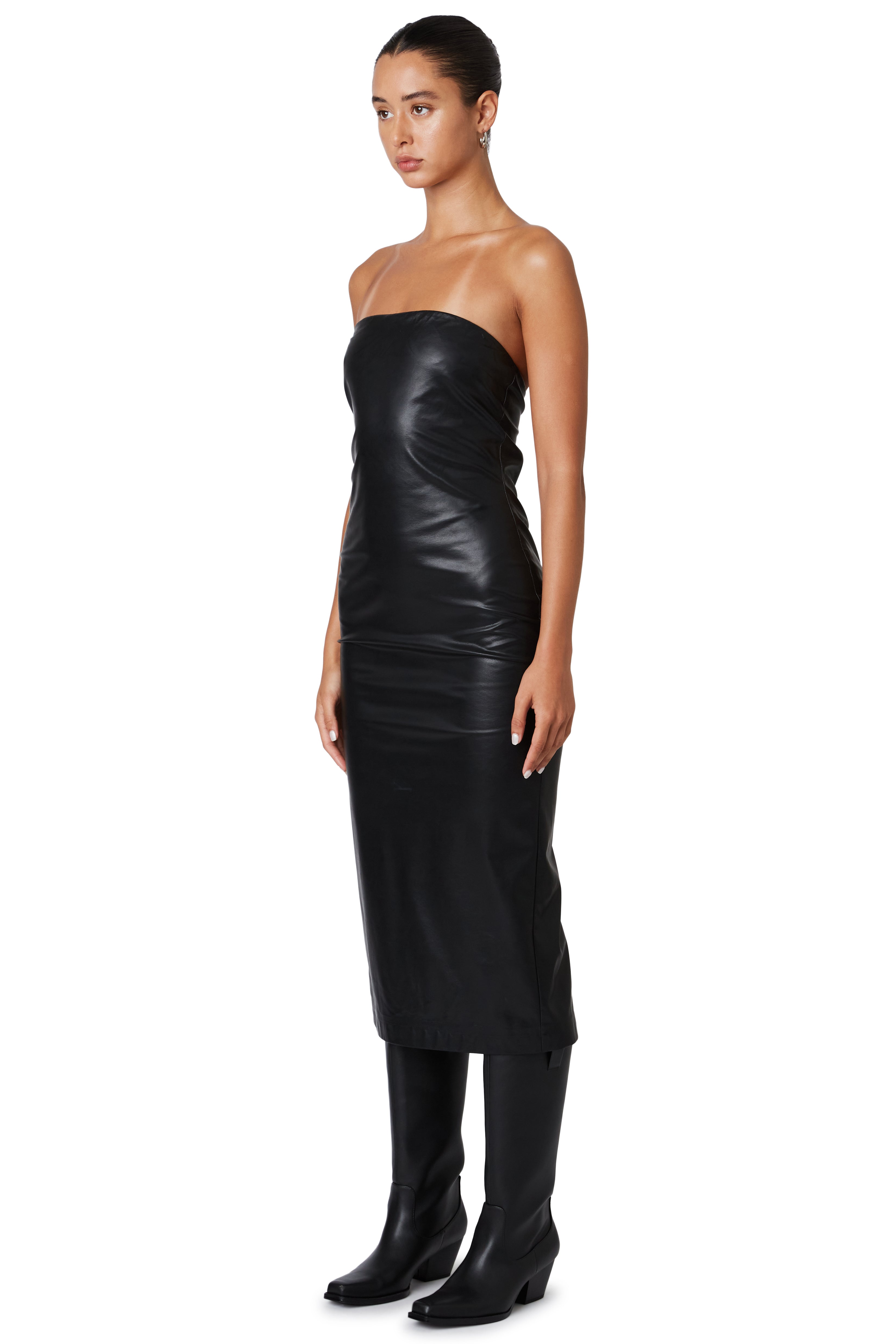 Black strapless leather midi dress side