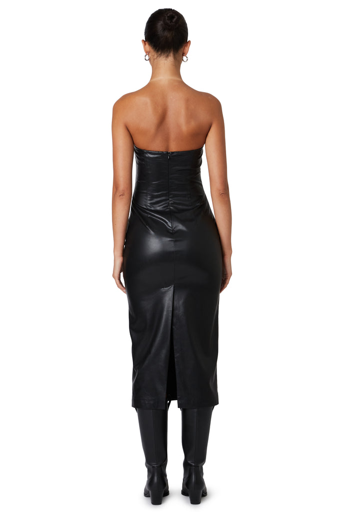 Black strapless leather midi dress back