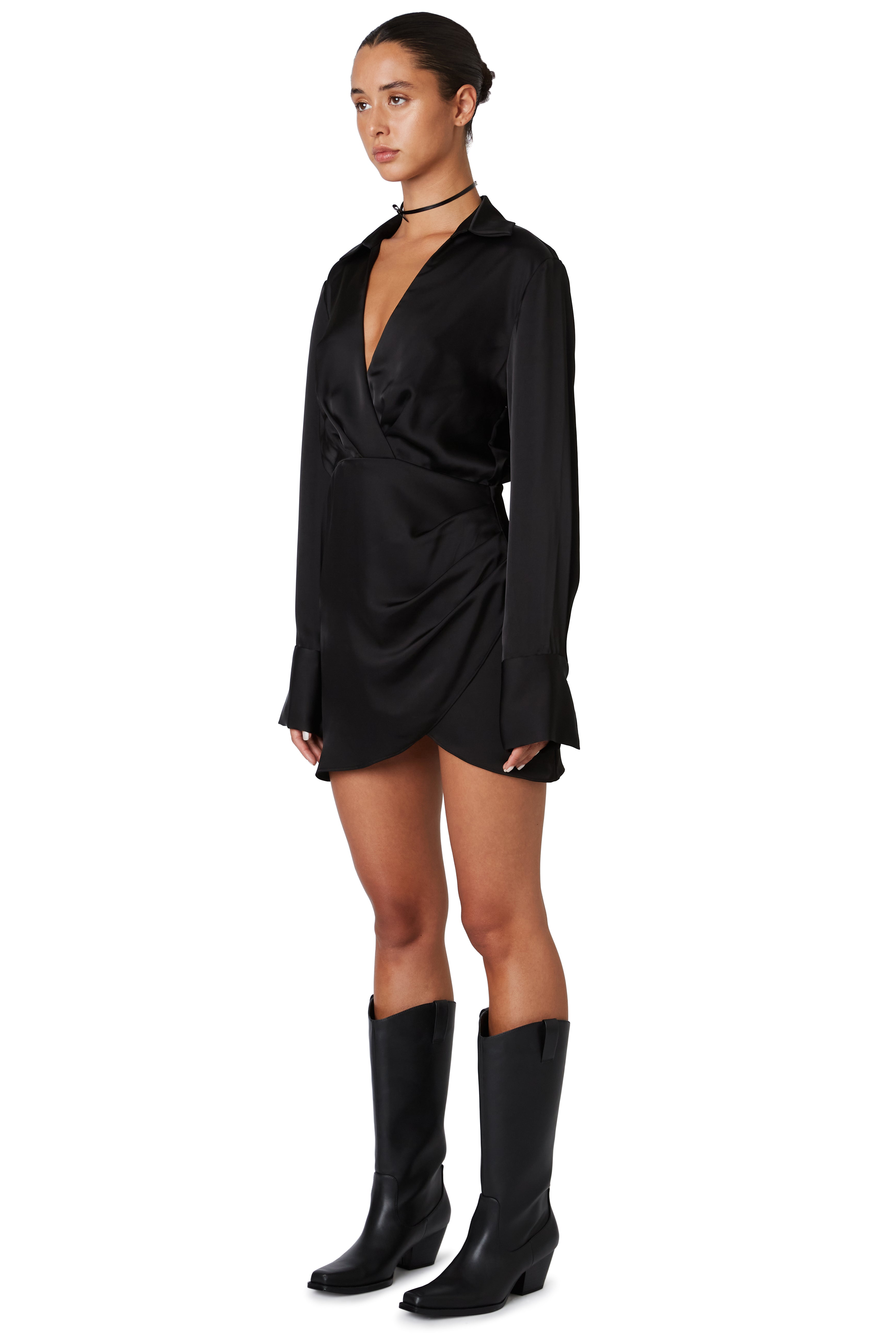 black satin collared mini dress side