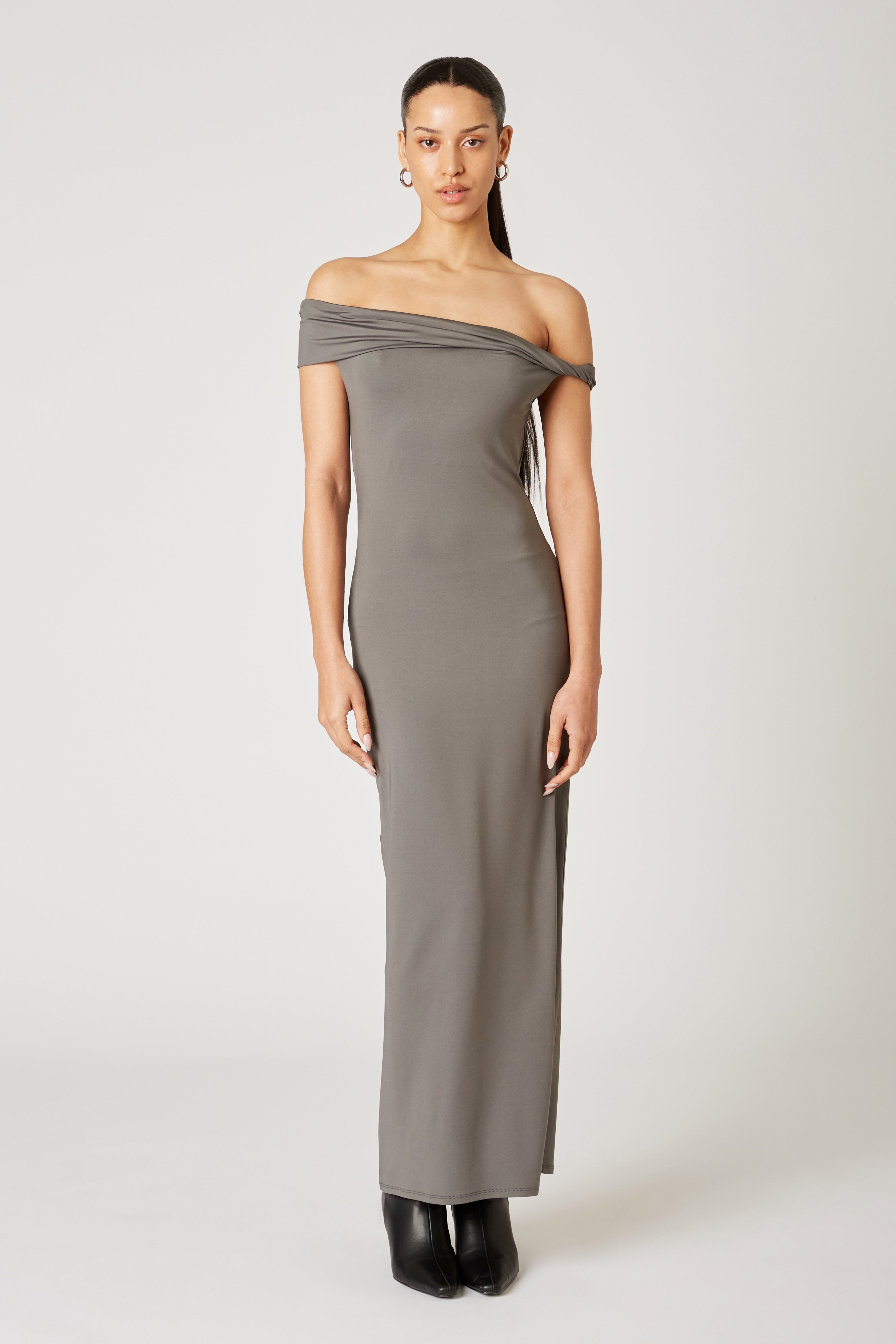 Clara Dress in charcoal front view