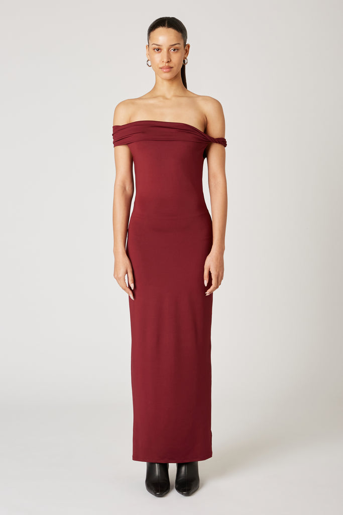 Clara Dress in oxblood front view