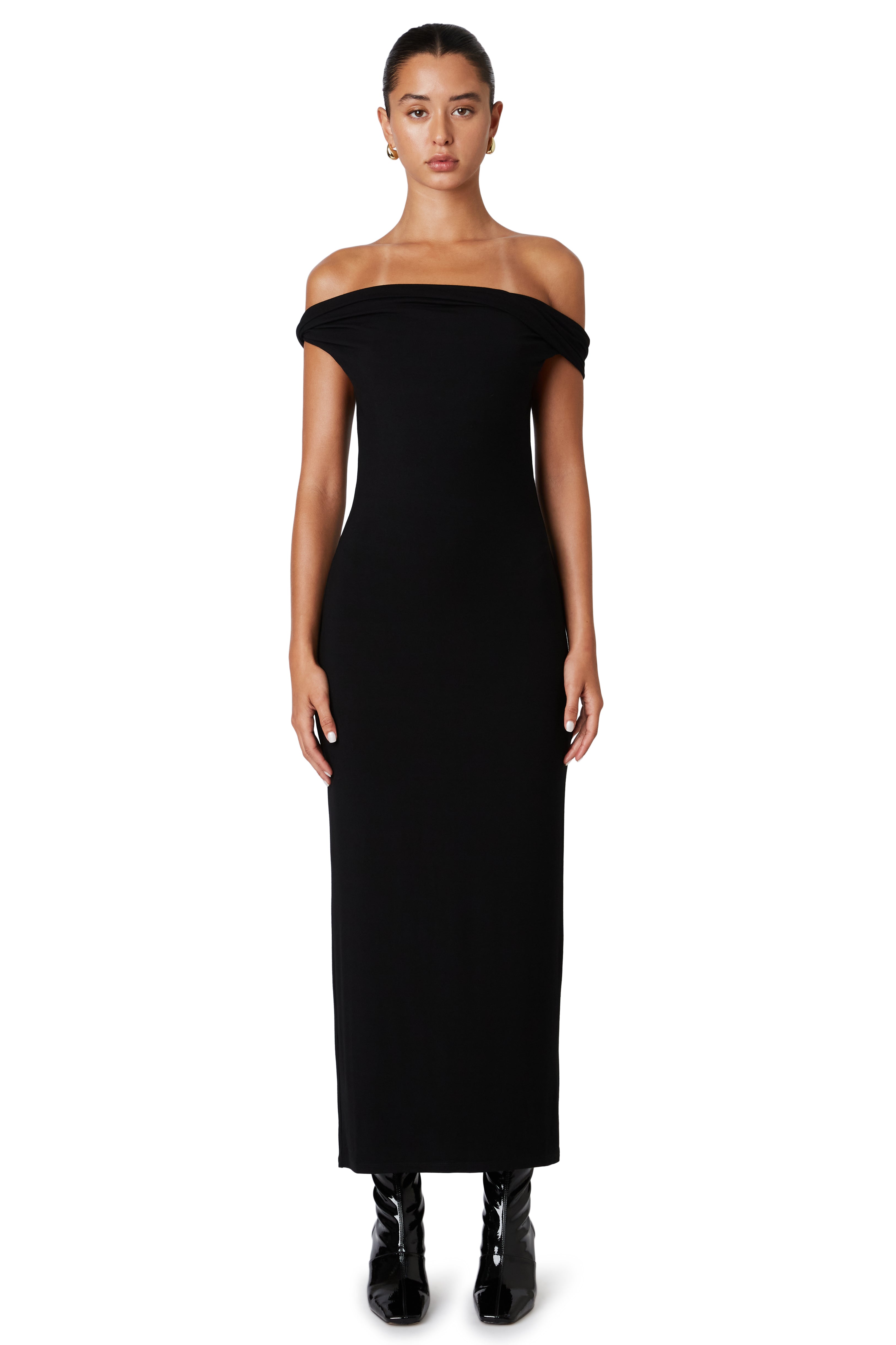 Black off shoulder maxi dress front