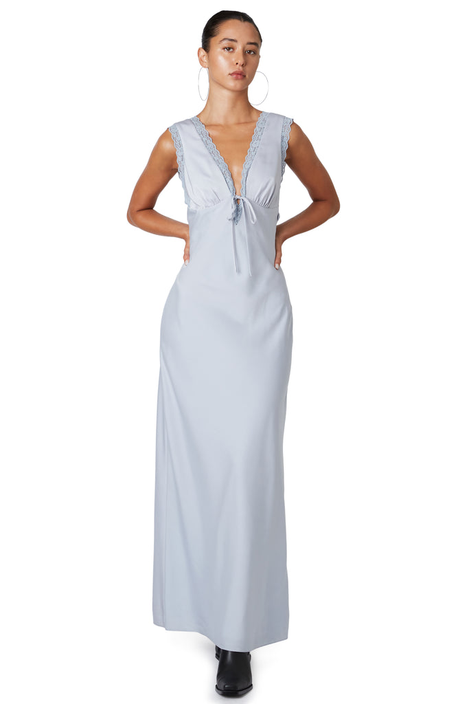 Ice Blue lace maxi dress front