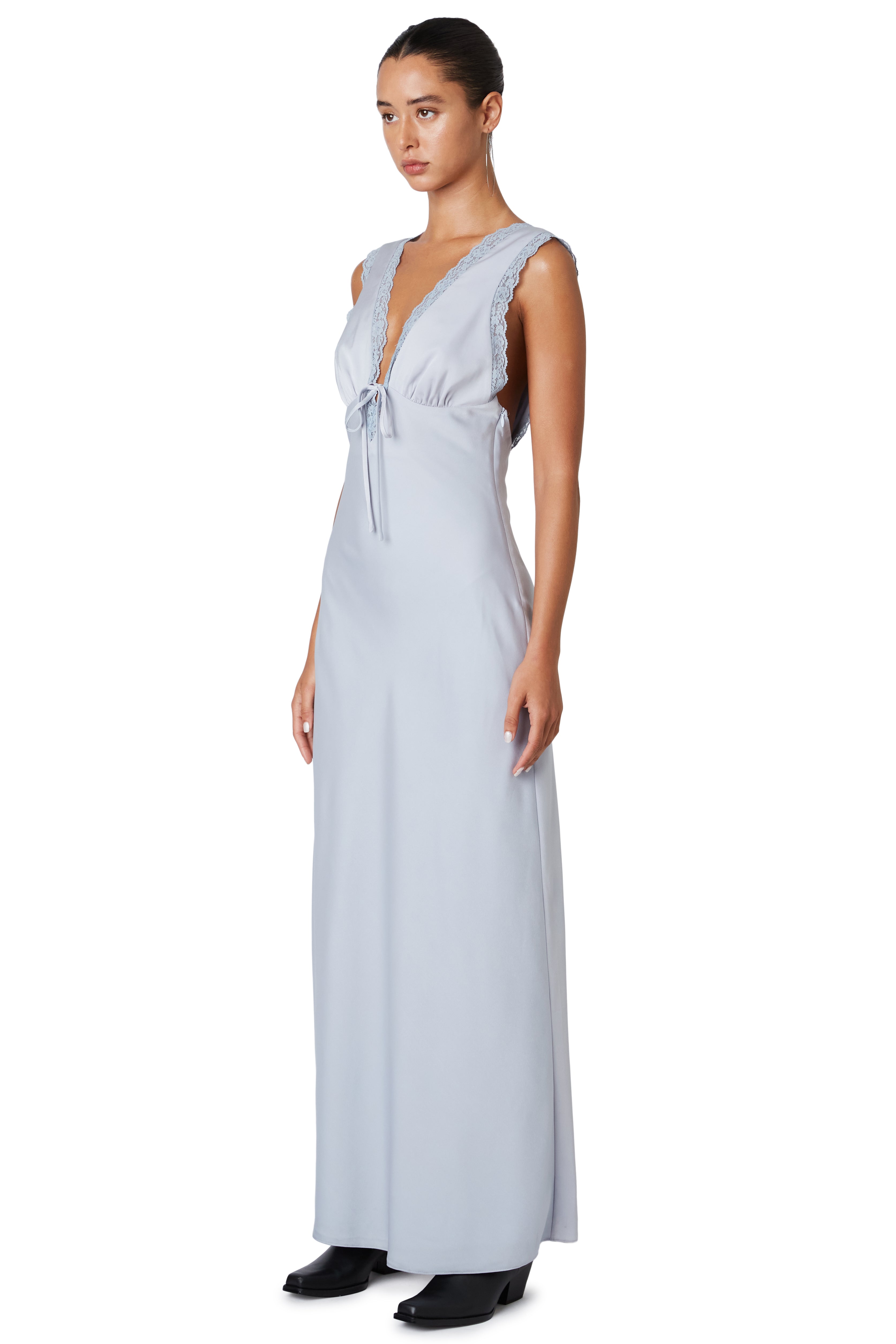 Ice Blue lace maxi dress side
