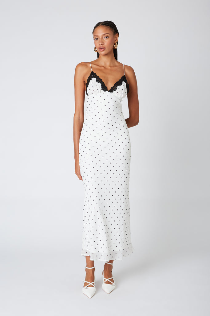 Jasmine Dress in white polka dot front view